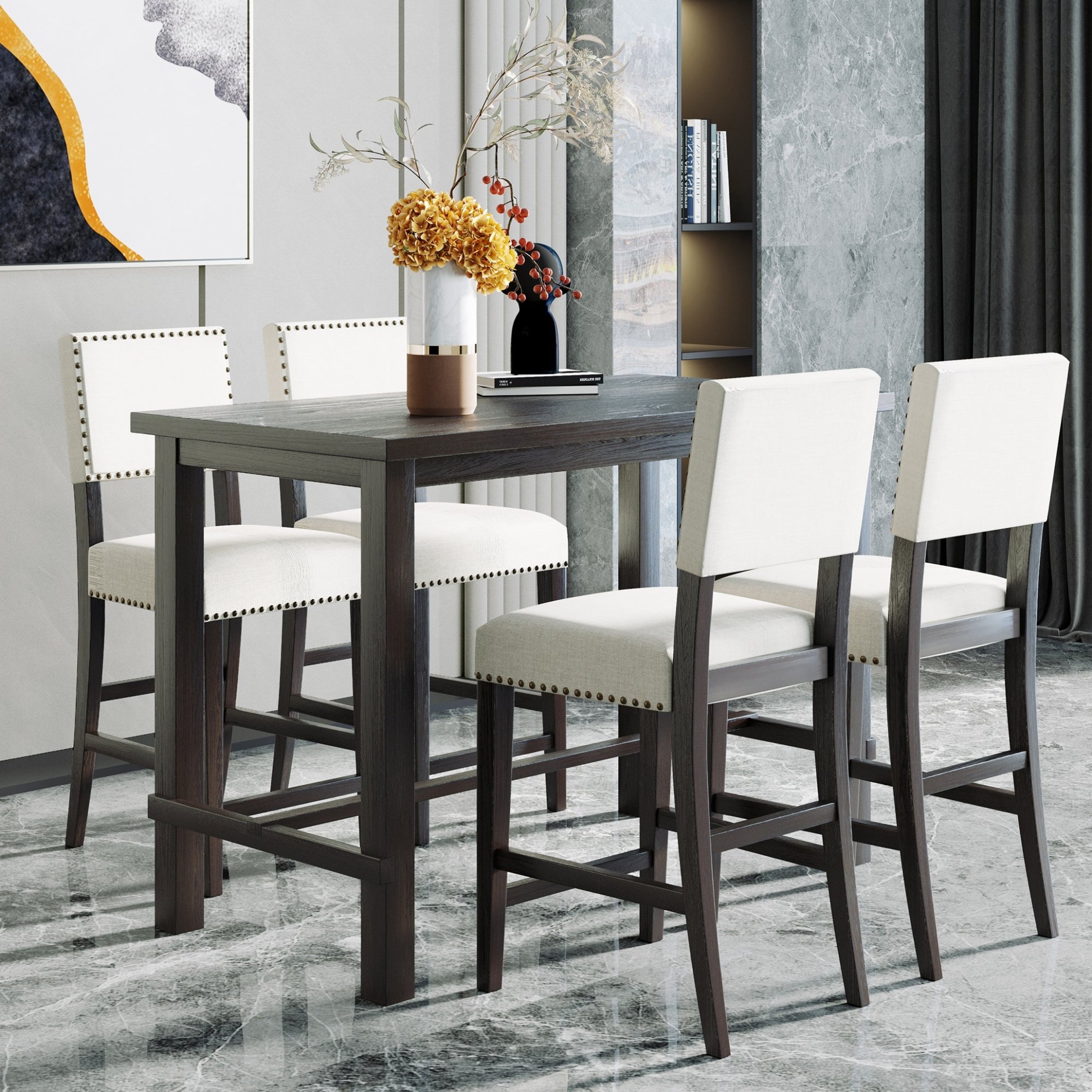 8-Piece Modern Counter Height Dining Set with 8 Classic Elegant Rectangular  Table and 8 Beige Cushioned&Nailheads Trim Chairs - modern kitchen counter set