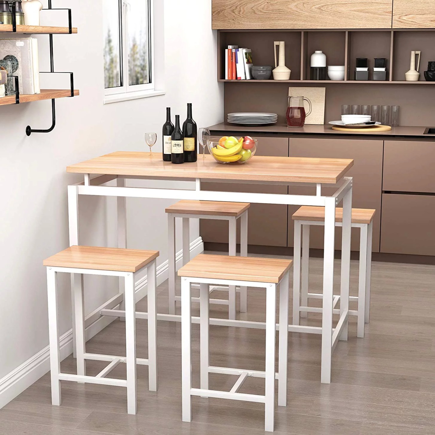 DKLGG 8-Piece Dining Table Set Modern Small Kitchen Table Set with 8 Stools  38 inches Height Beige - modern kitchen counter set