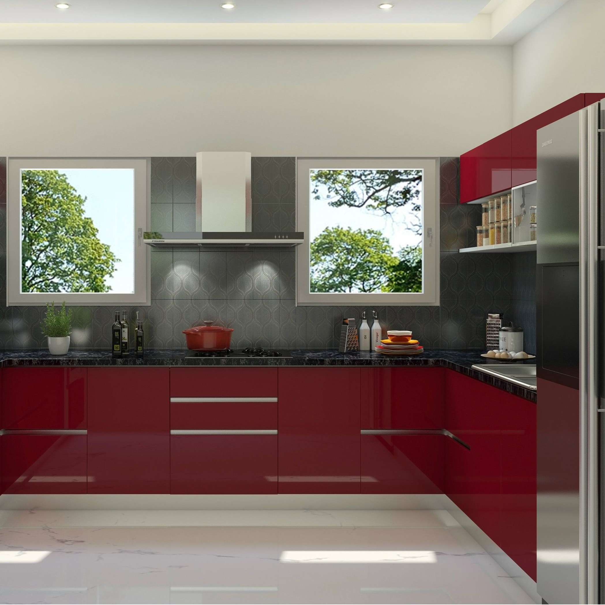 Glossy kitchen design, sleek finish, red and grey combination  - grey and red kitchen ideas