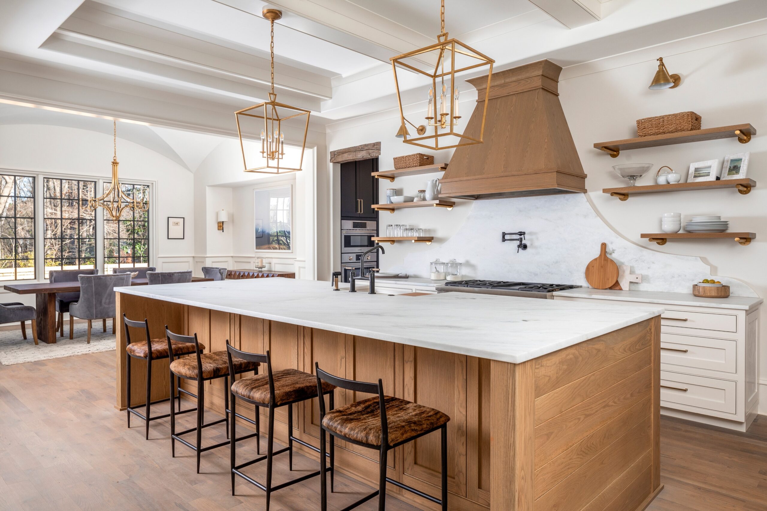White oak accents in White kitchen - Beach Style - Kitchen  - white cabinets light wood floor